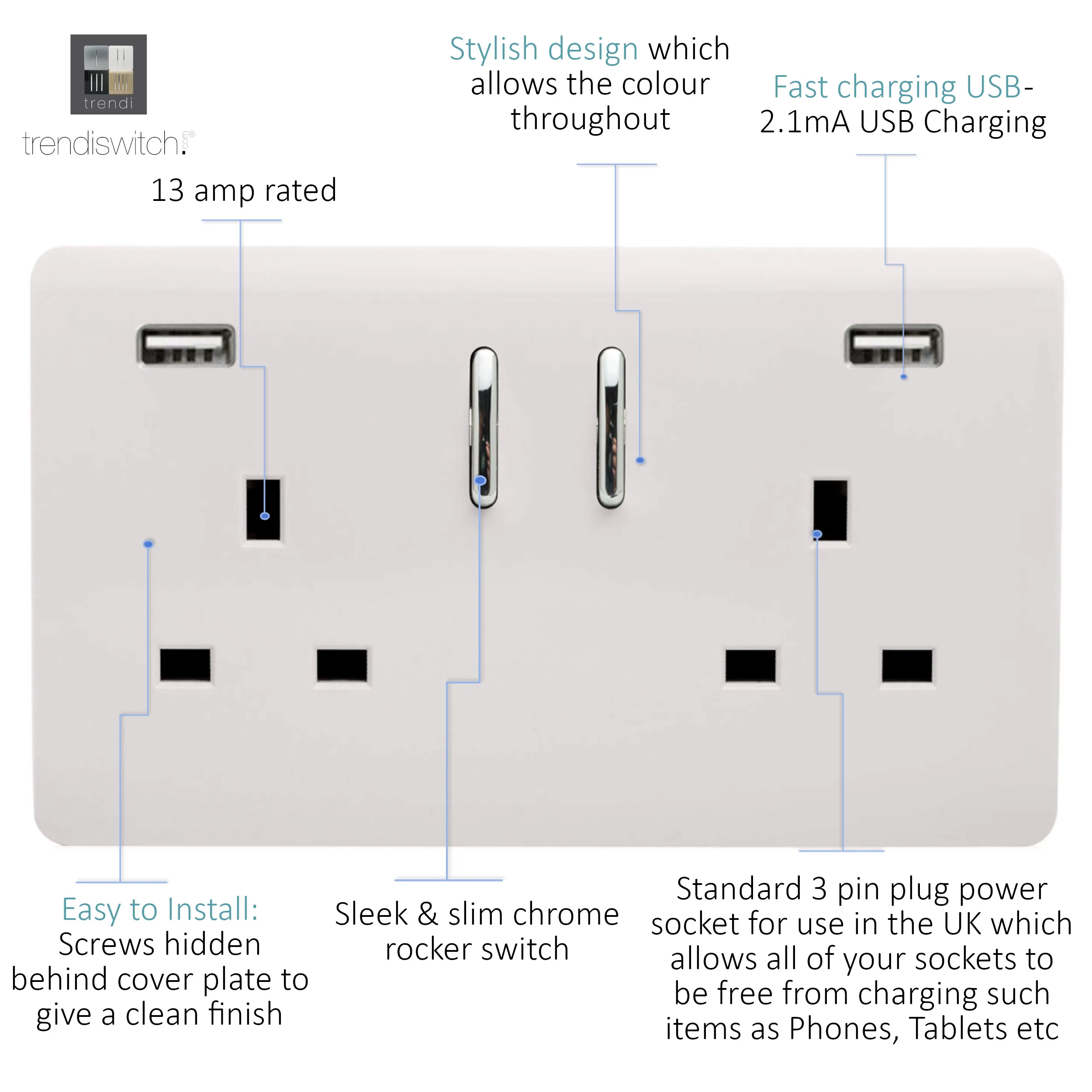 2 Gang 13Amp Short S/W Double Socket With 2x3.1Mah USB Ice White ART-SKT213USB31AAWH  Trendi Ice White